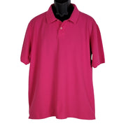 Front view of polo shirt.  2-button placket, ribbed arm band; color pink.