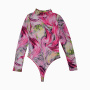 Fashion Nova Abstract Swirl Mock Neck Long Sleeve Bodysuit – Size M
