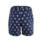 Old Navy Everyday Shorts 5" Size 8 | Back view | Navy blue with all-over floral pattern | Decorative, non-functional welt pockets aux back pockets